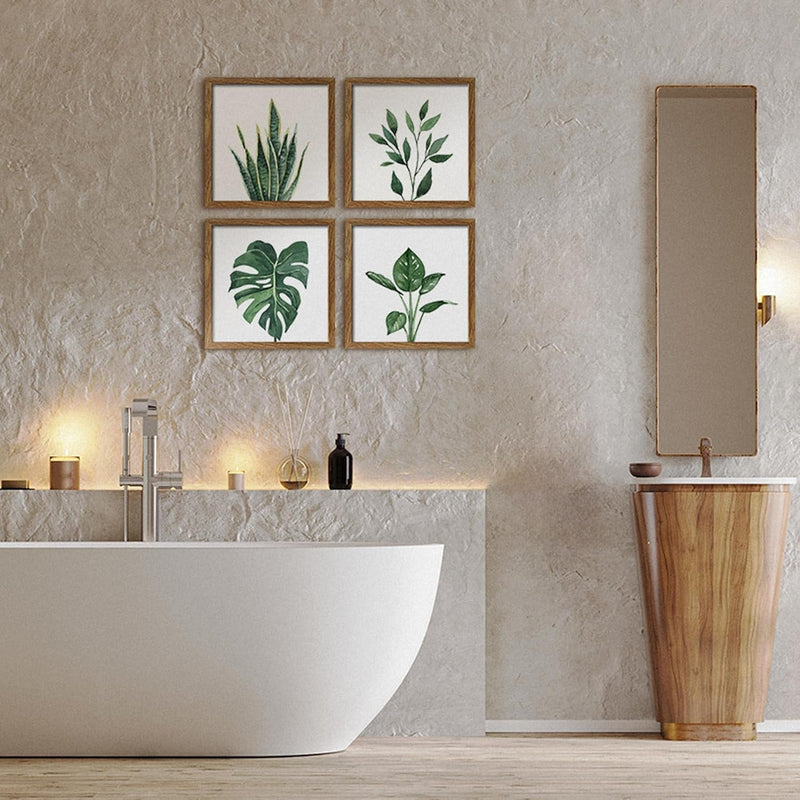 Framed Bathroom Wall Art Set of 4 for Botanical Wall Decor Green Plant